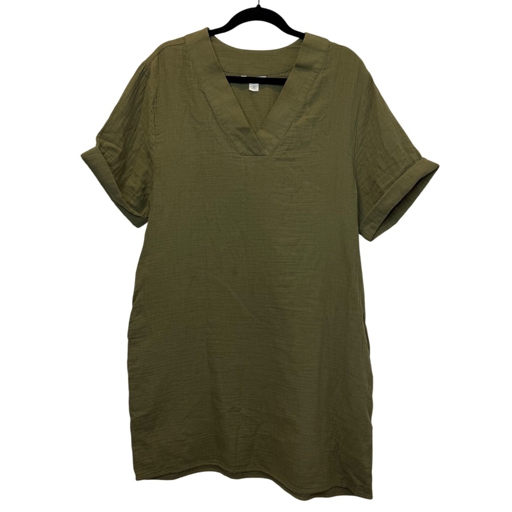 Caslon Womens Olive Green‎ Cotton Double Gauze V-Neck Shift Dress with Pockets S